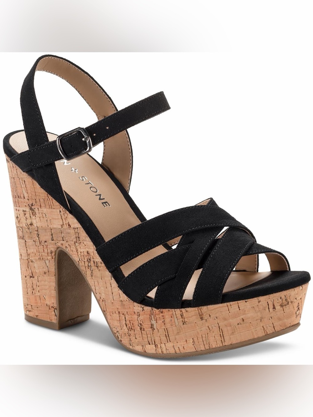 Sun + Stone Jamie Black T-Strap Cork Platform Heels Sz 7